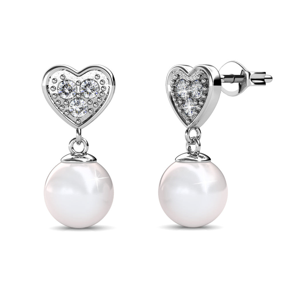 Kenley 18k White Gold Plated Heart Dangle Earrings with Pearls and Swarovski Crystals