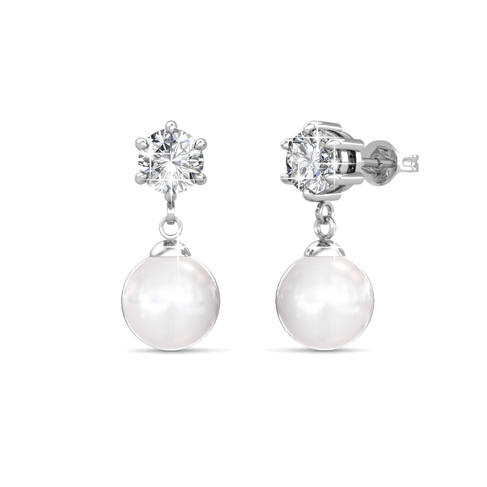 June 18k White Gold Plated Pearl Drop Earrings with Swarovski Crystals