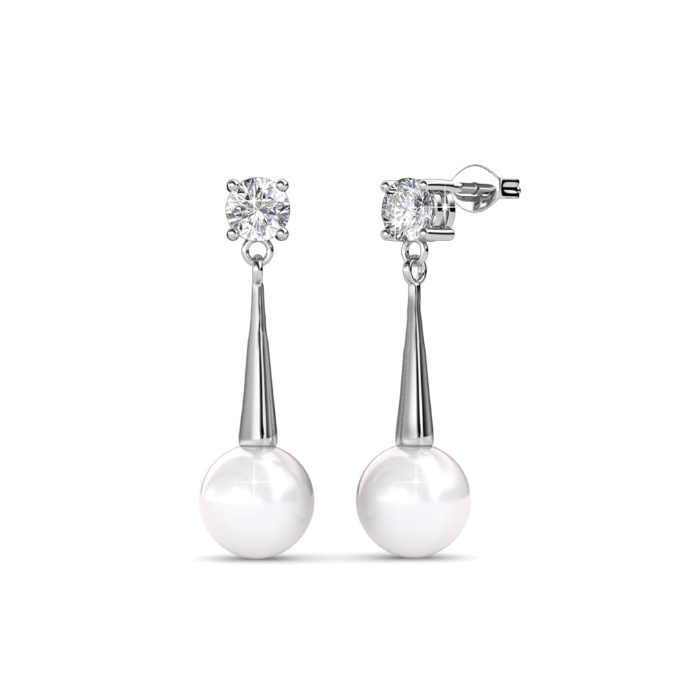 Tatum 18k White Gold Plated Pearl Dangling Stud Earrings with Swarovski Crystal