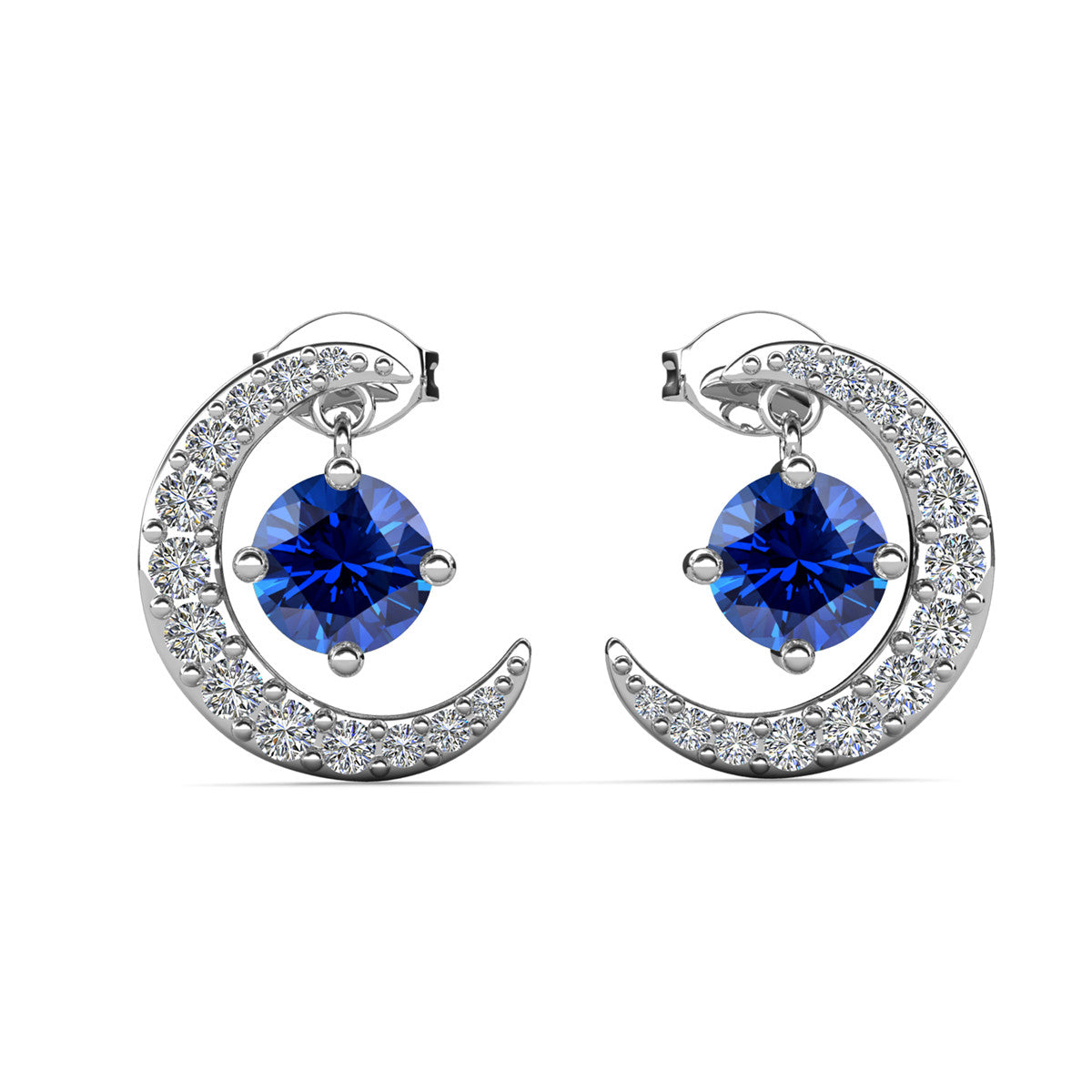 Luna September Birthstone Sapphire 18k White Gold Plated Crescent Stud Earrings with Round Cut Swarovski Crystals