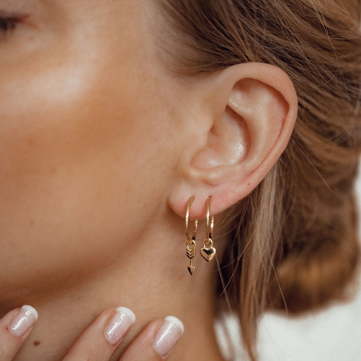 Heart and Arrow Charm Hoop Earrings Sterling Silver Gold