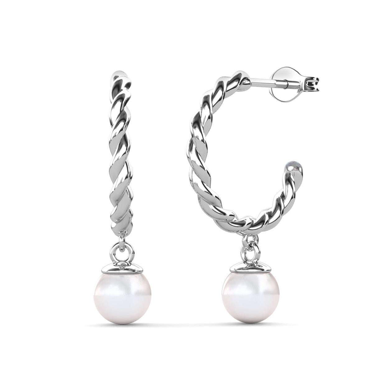 Cheyanne 18k White Gold Plated Twisted Half Hoop Drop Pearl Earrings
