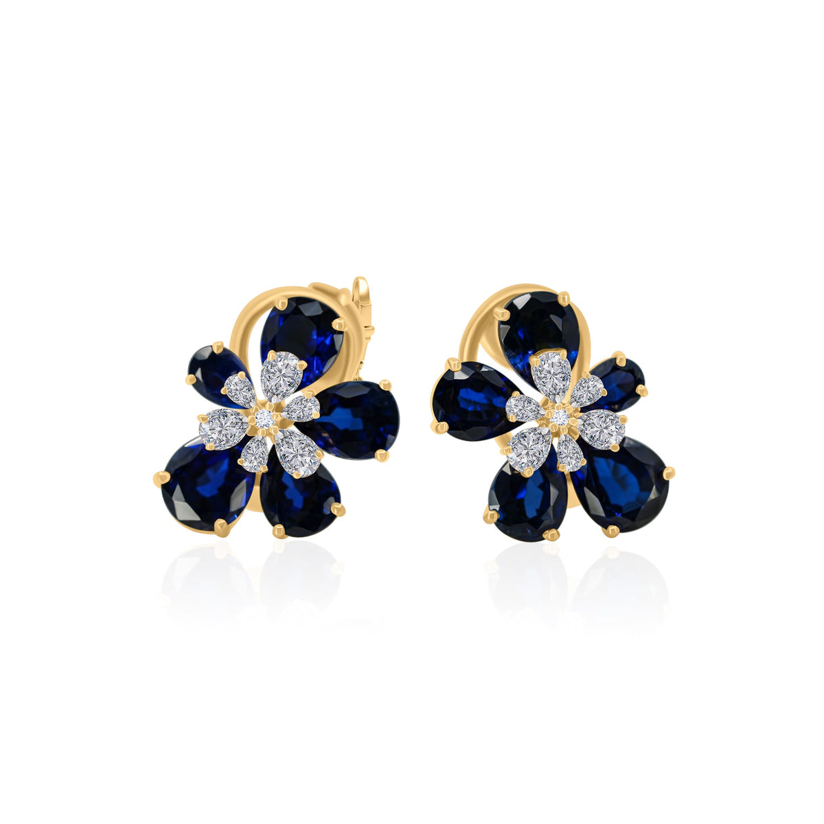 Gold Lab Diamond and Blue Sapphire Mini Flower Earrings
