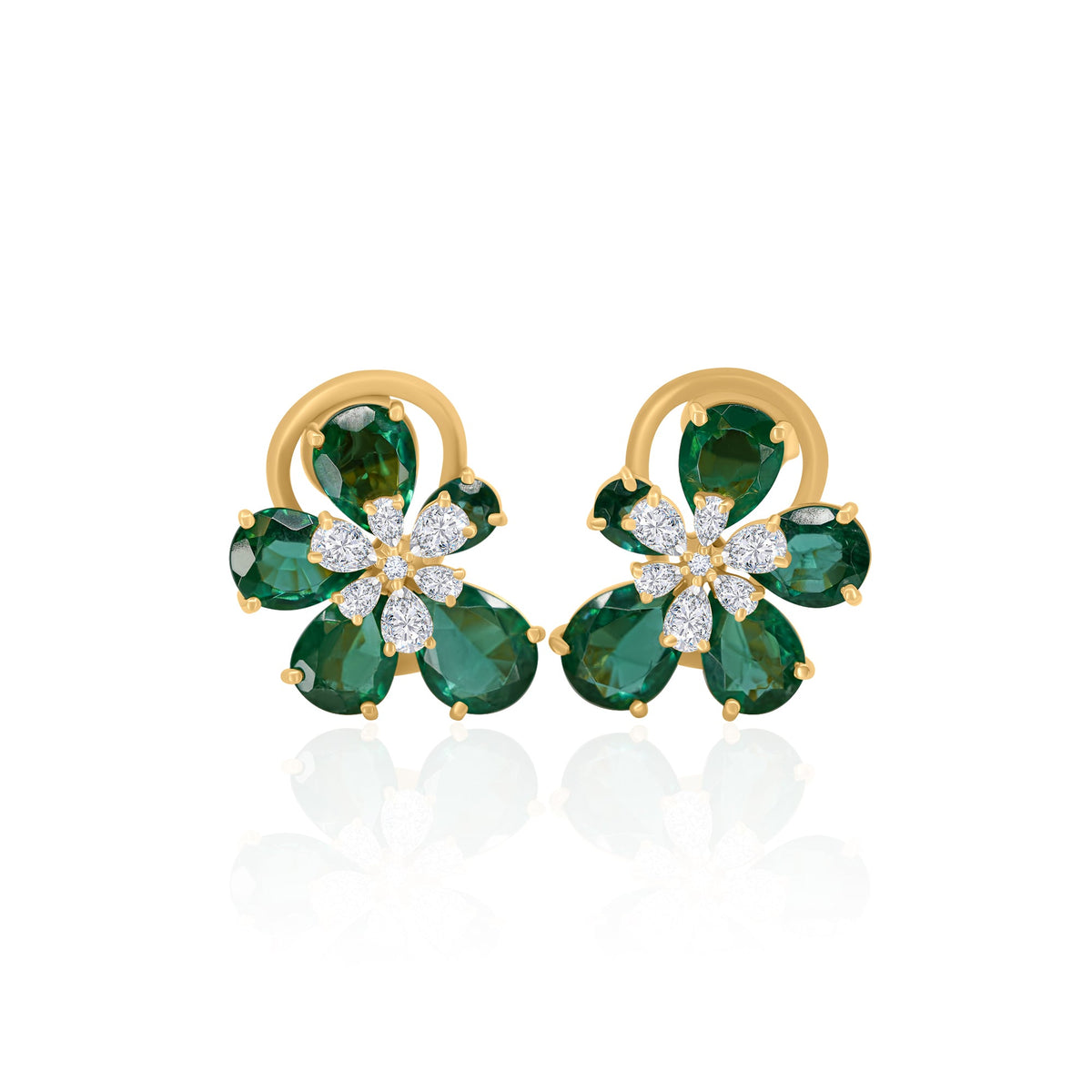 Gold Lab Diamond and Emerald Mini Flower Earrings