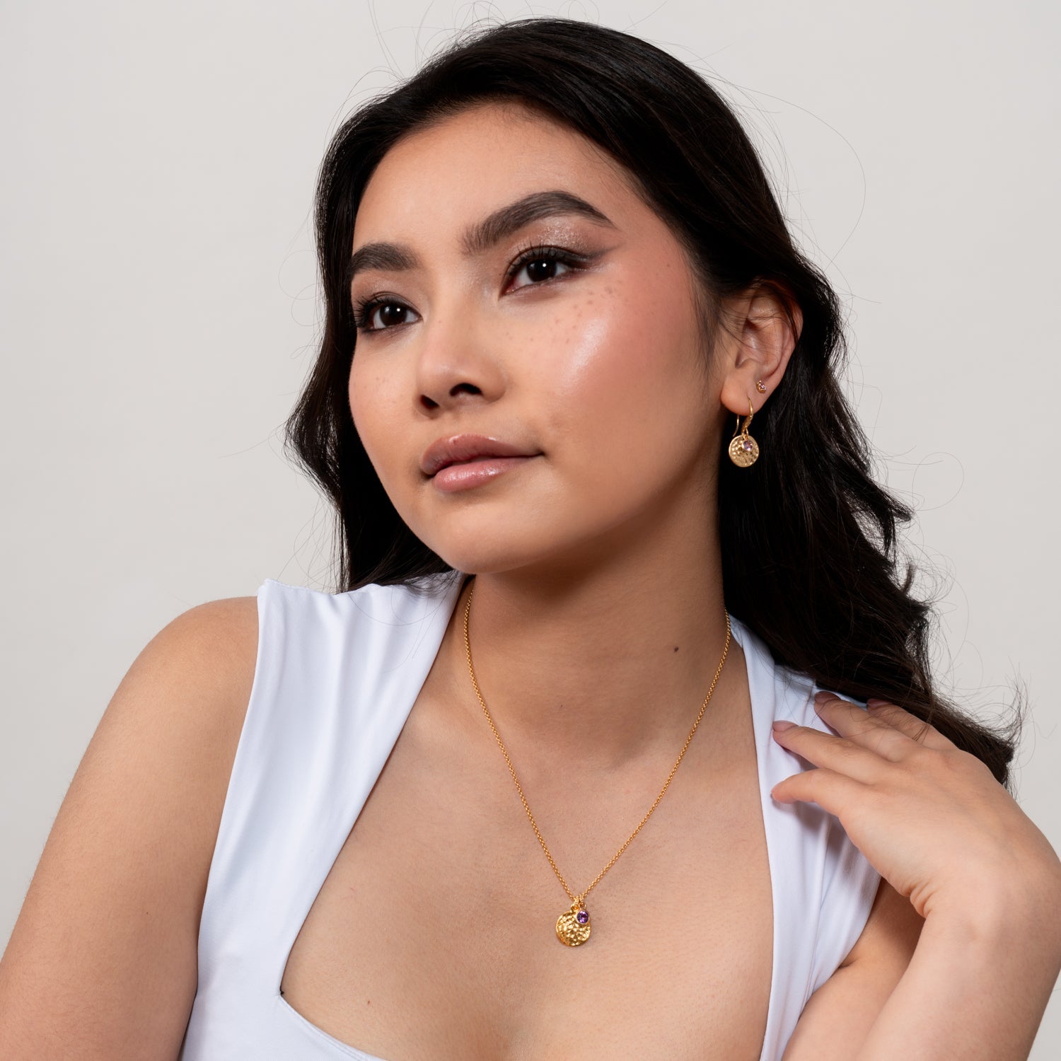 Hammered Disc & Amethyst Array Earrings