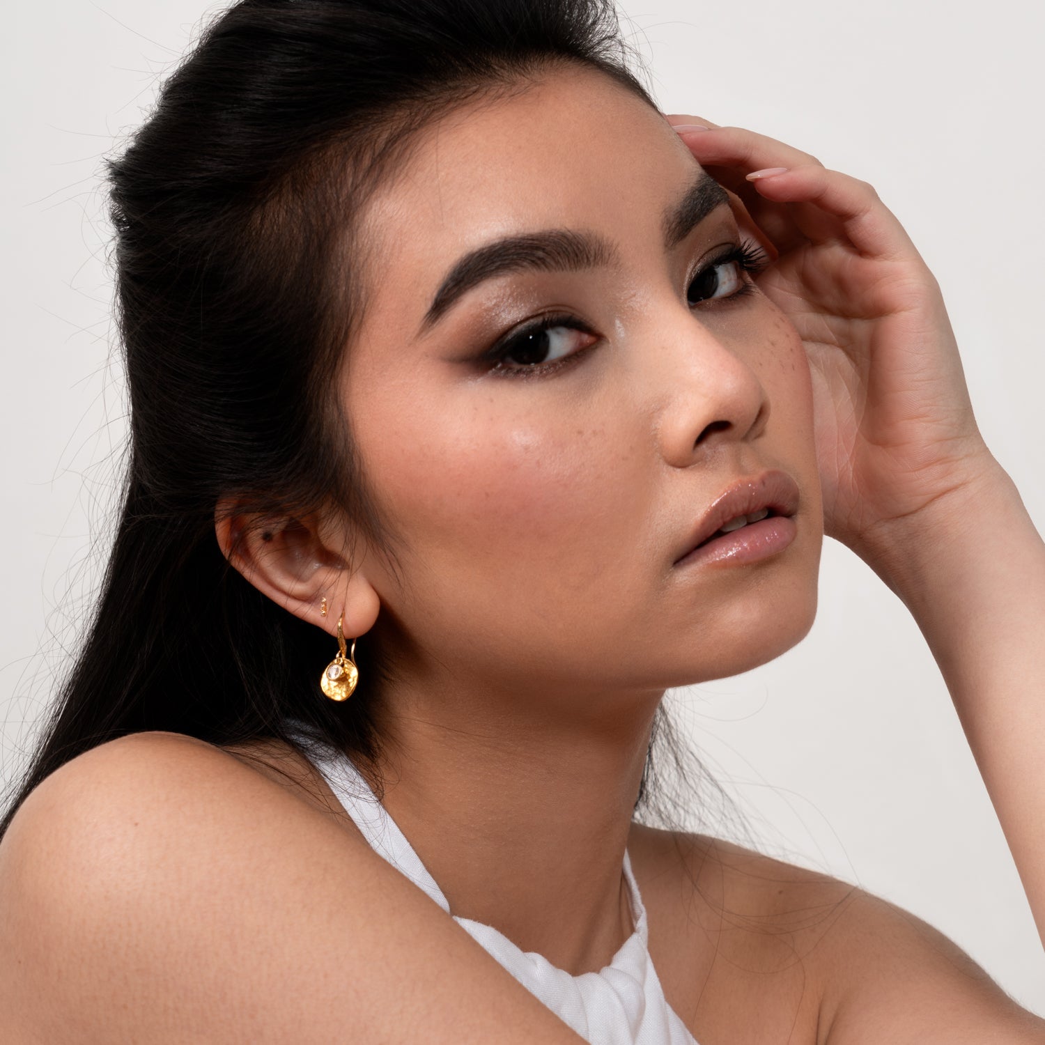 Hammered Disc & White Topaz Array Drop Earrings