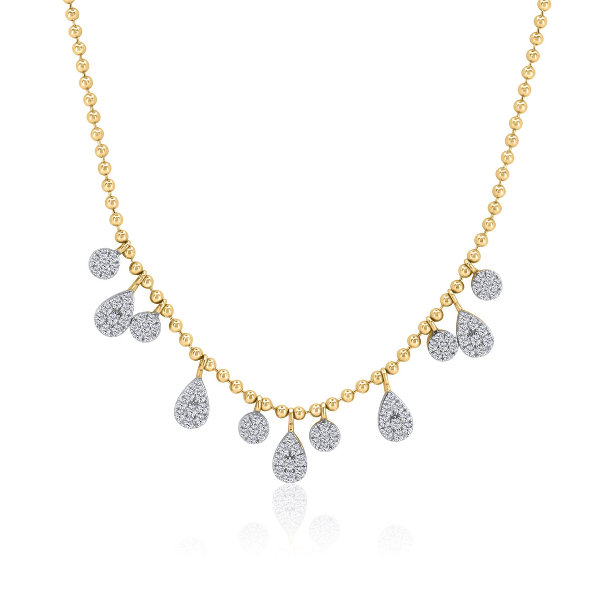Gold Diamond Multi Illusion Pear and Round Drop Ball Necklace