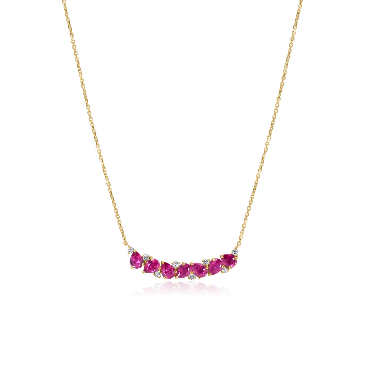 Gold Diamond and Ruby Multi Pear Curved Bar Necklace