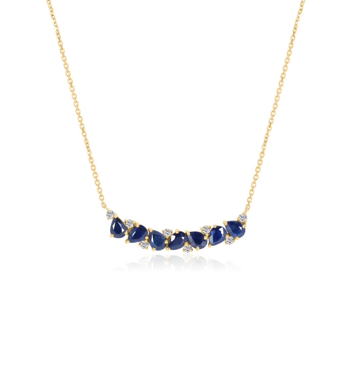 Gold Diamond and Blue Sapphire Multi Pear Curved Bar Necklace