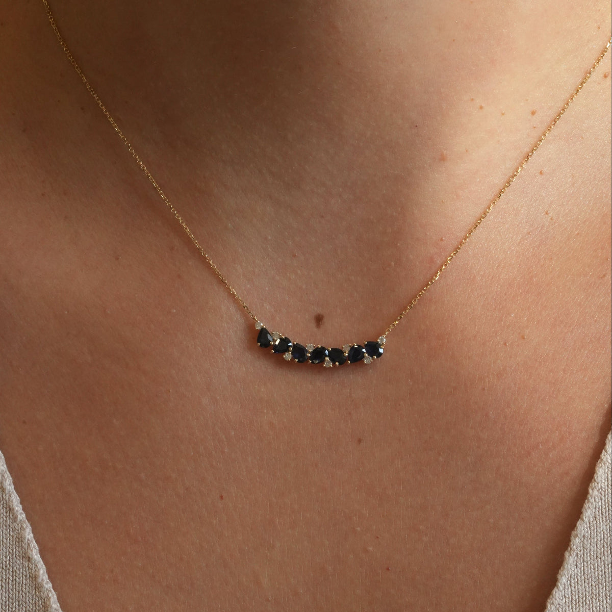 Gold Diamond and Blue Sapphire Multi Pear Curved Bar Necklace