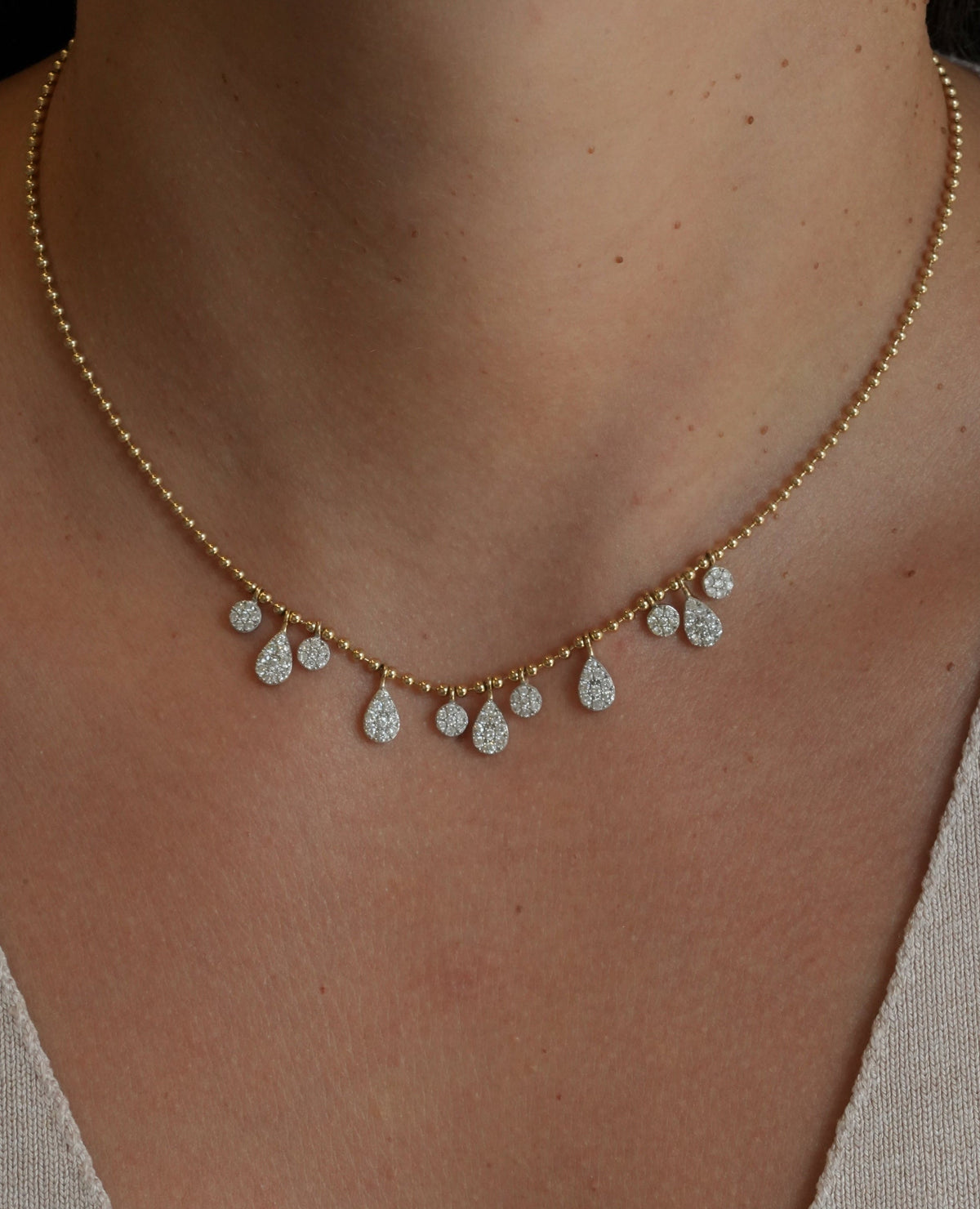 Gold Diamond Multi Illusion Pear and Round Drop Ball Necklace