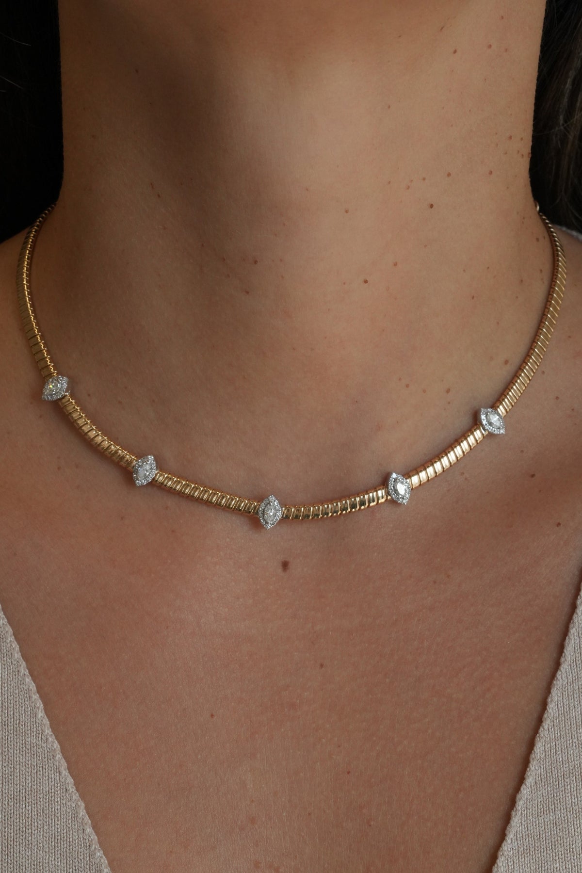 Gold Diamond Ribbed Marquise Necklace