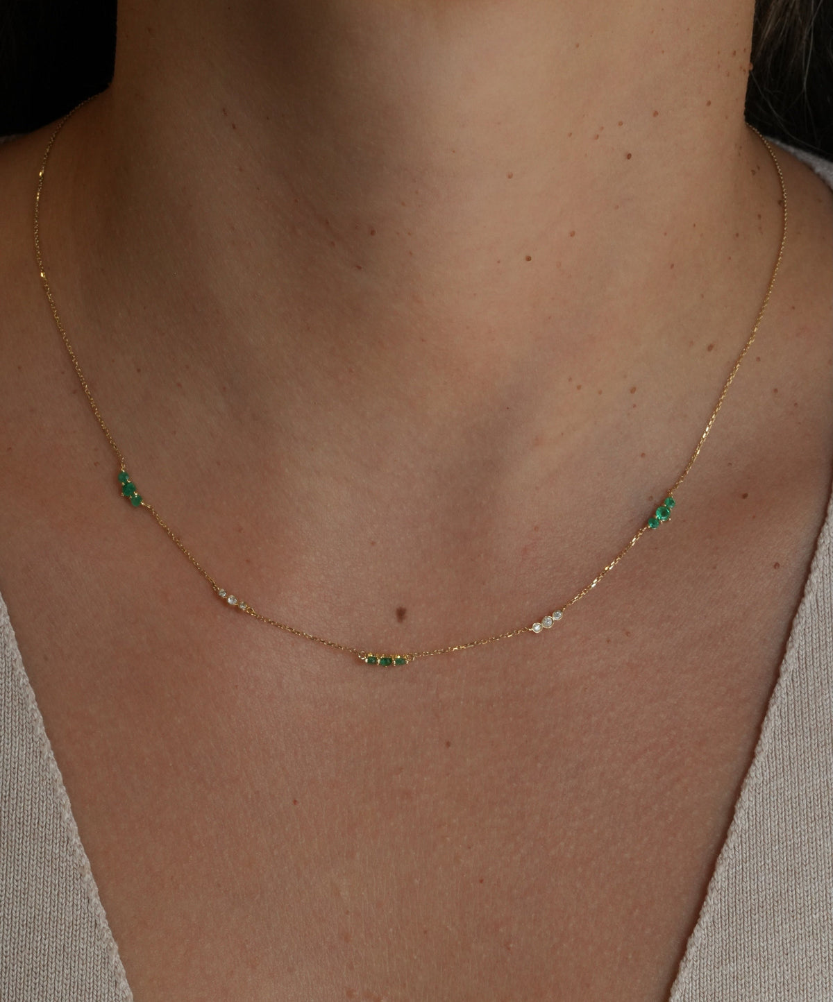 Gold Diamond and Emerald Multi Triple Necklace