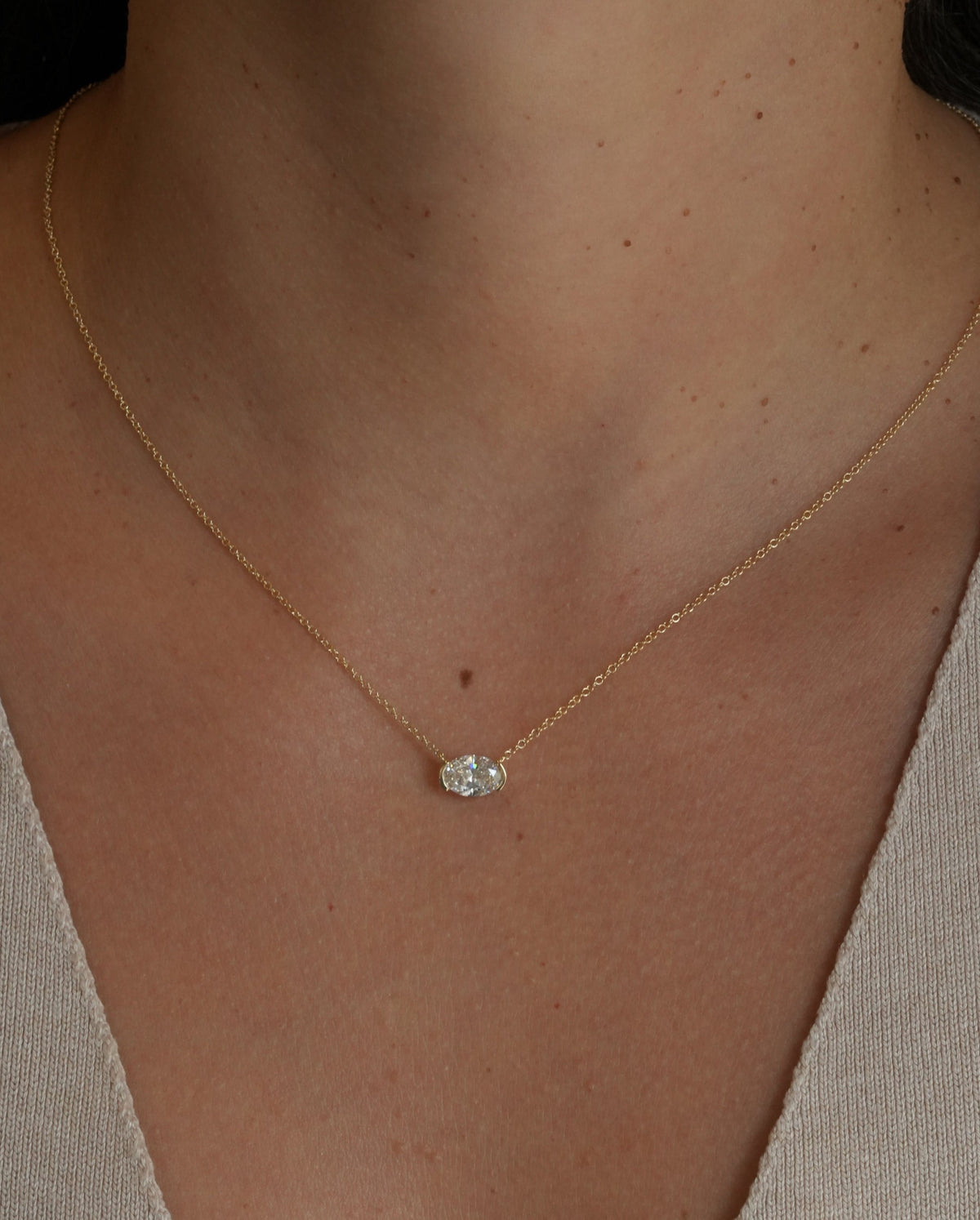 Gold Lab Diamond Oval East to West Necklace