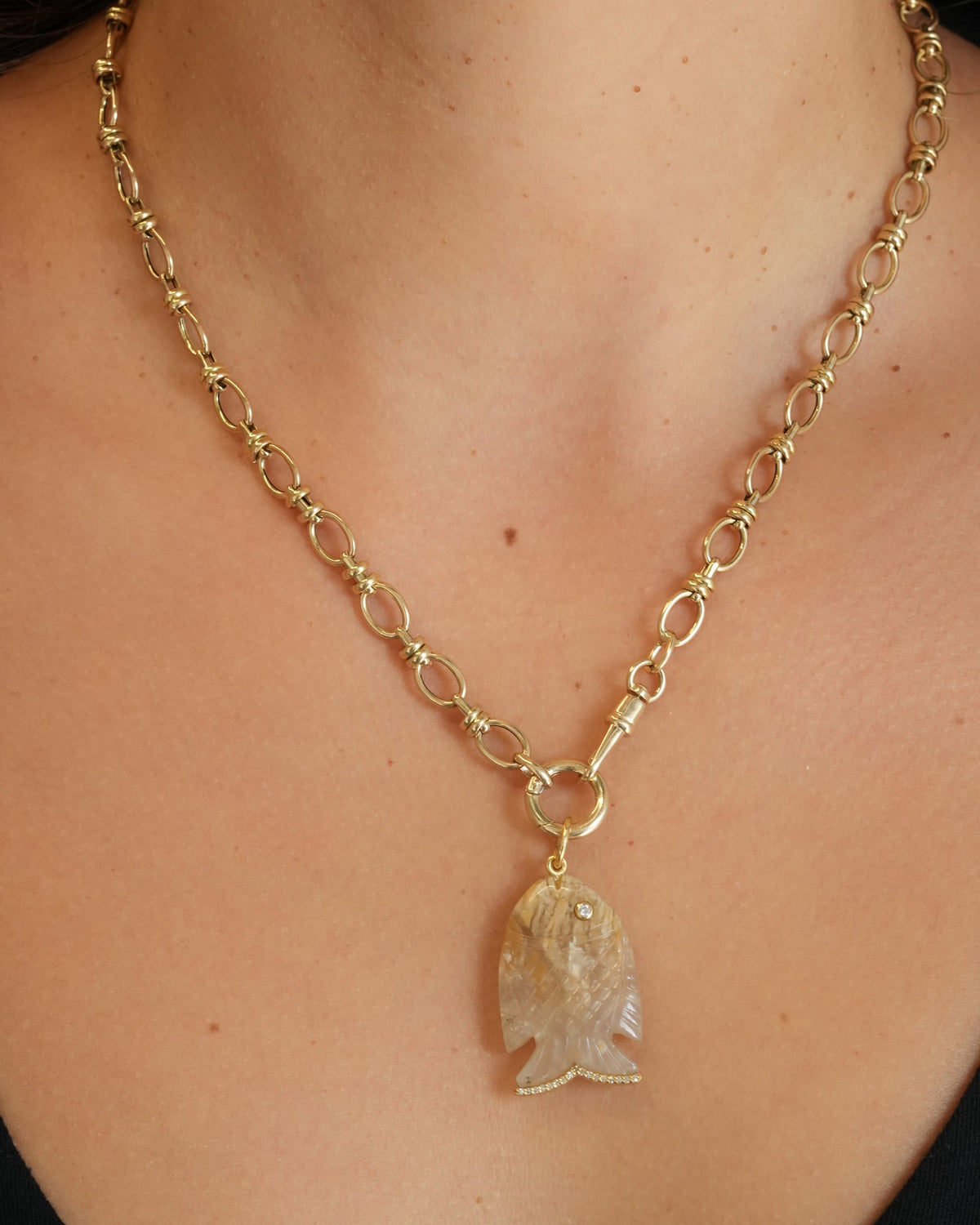 Gold Diamond Plum Agate Fish Pendant