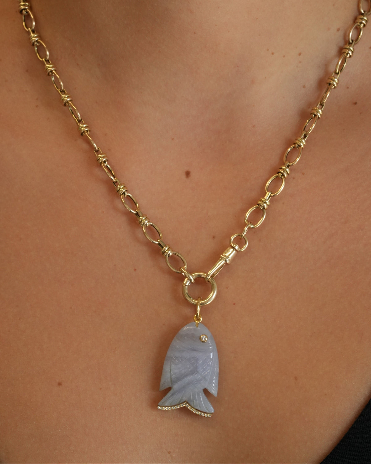 Gold Diamond Chalcedony Fish Pendant