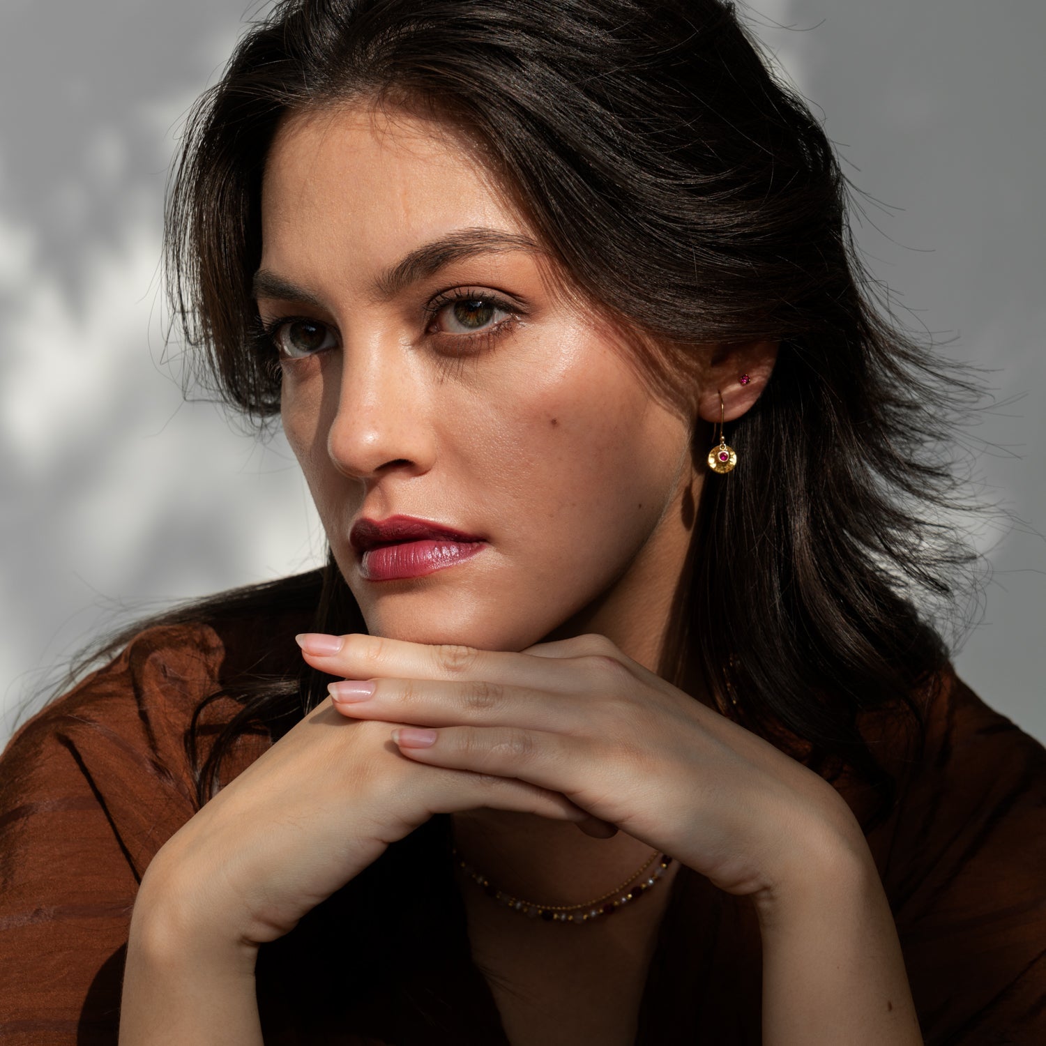 Hammered Disc & Ruby  Array Earrings