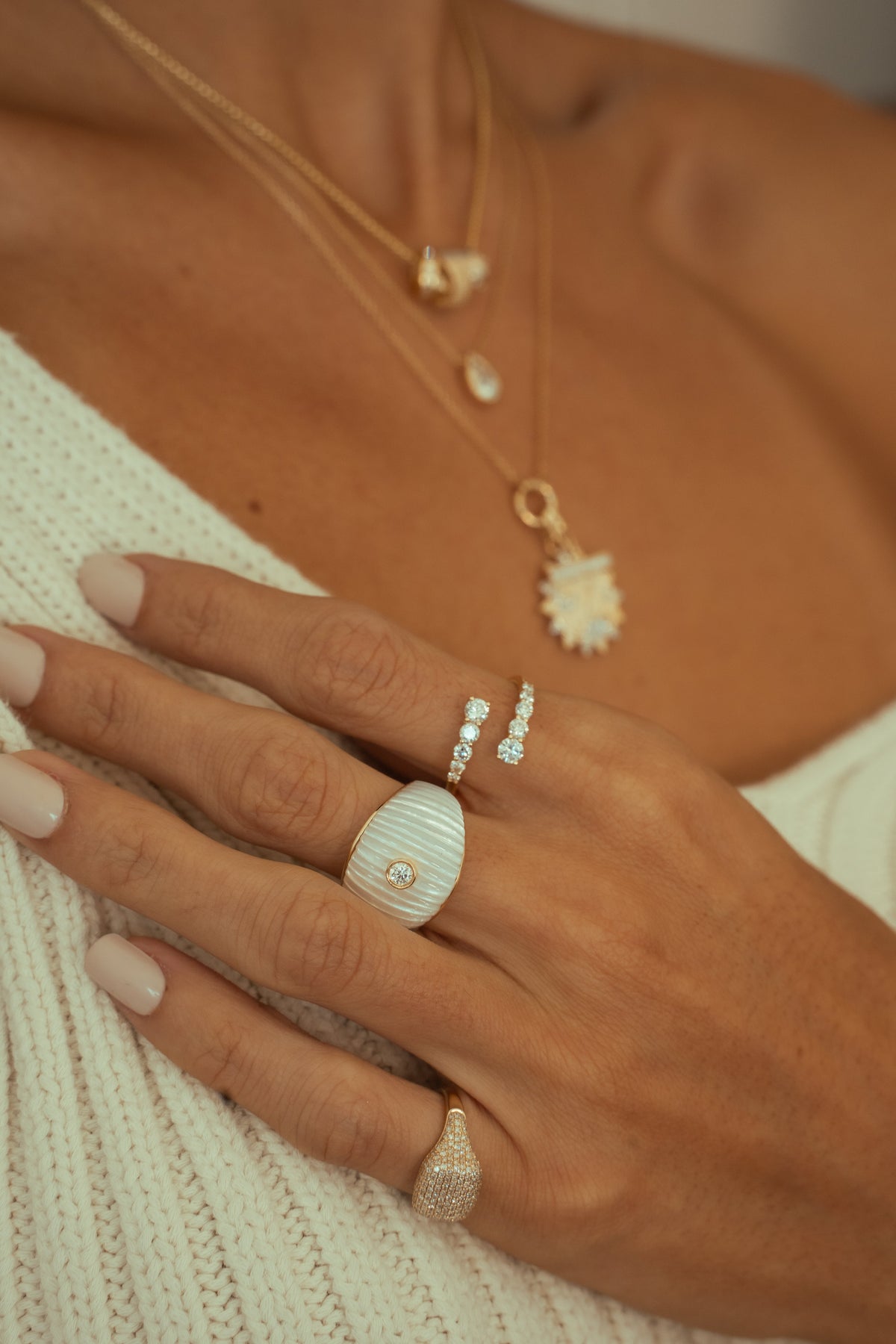 Gold Diamond Mother Of Pearl Fluted Dome Ring