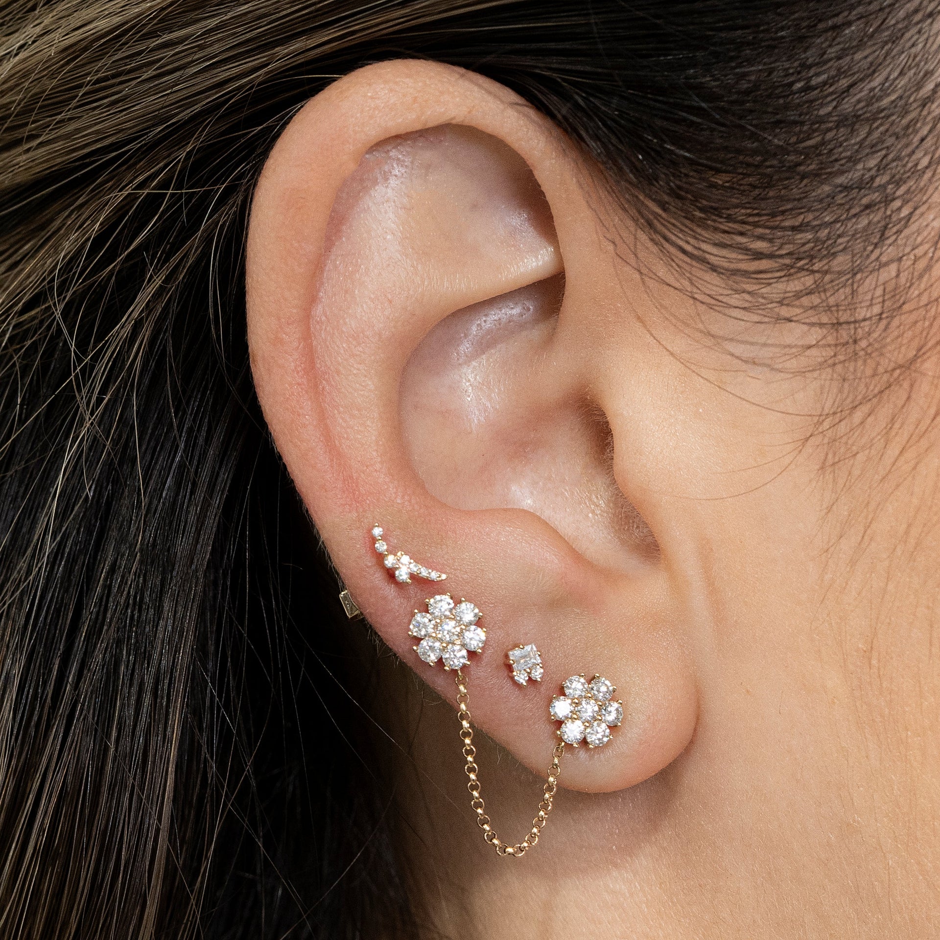 Gold Diamond Flower Chain Connecting Earring
