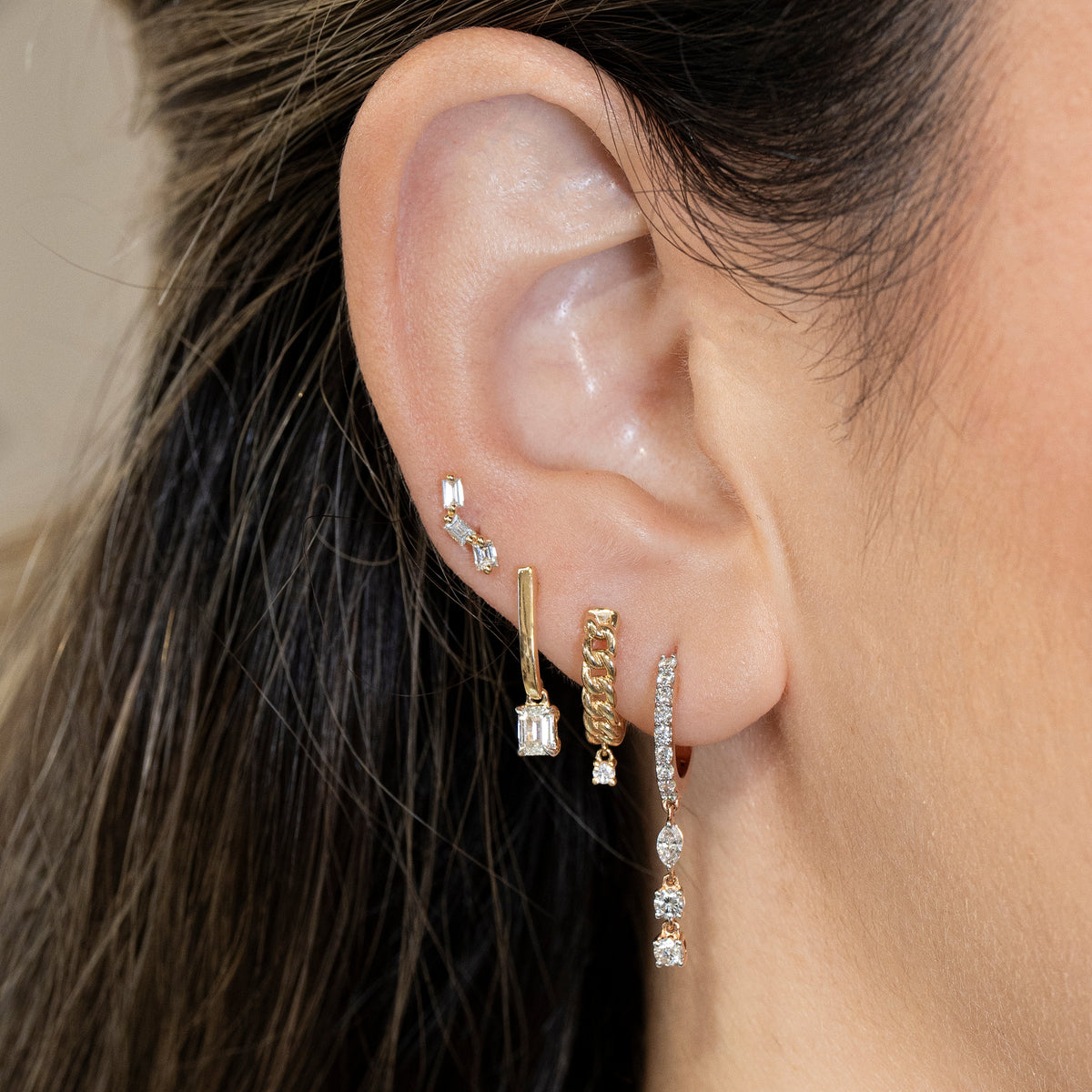 Gold Bar Diamond Emerald Cut Stud Earring
