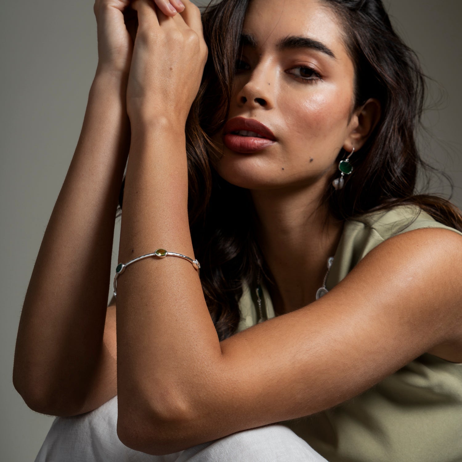 Oval Green Garnet, Peridot & Topaz Array Bangle