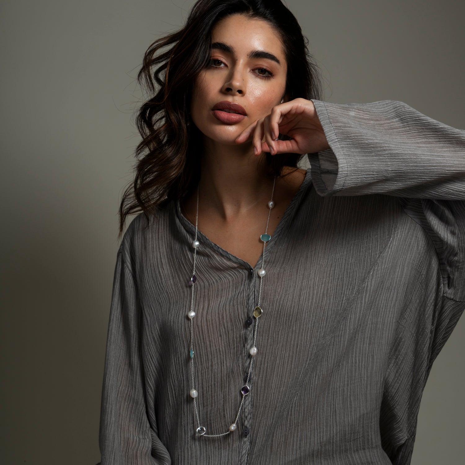 Long Candy Gemstone & Baroque Pearl Necklace