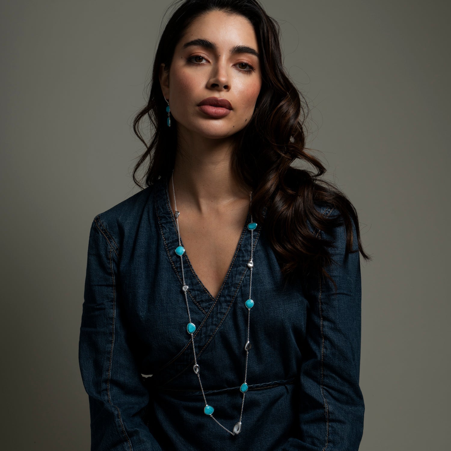 Turquoise Gemstones & Pebbles Long Necklace