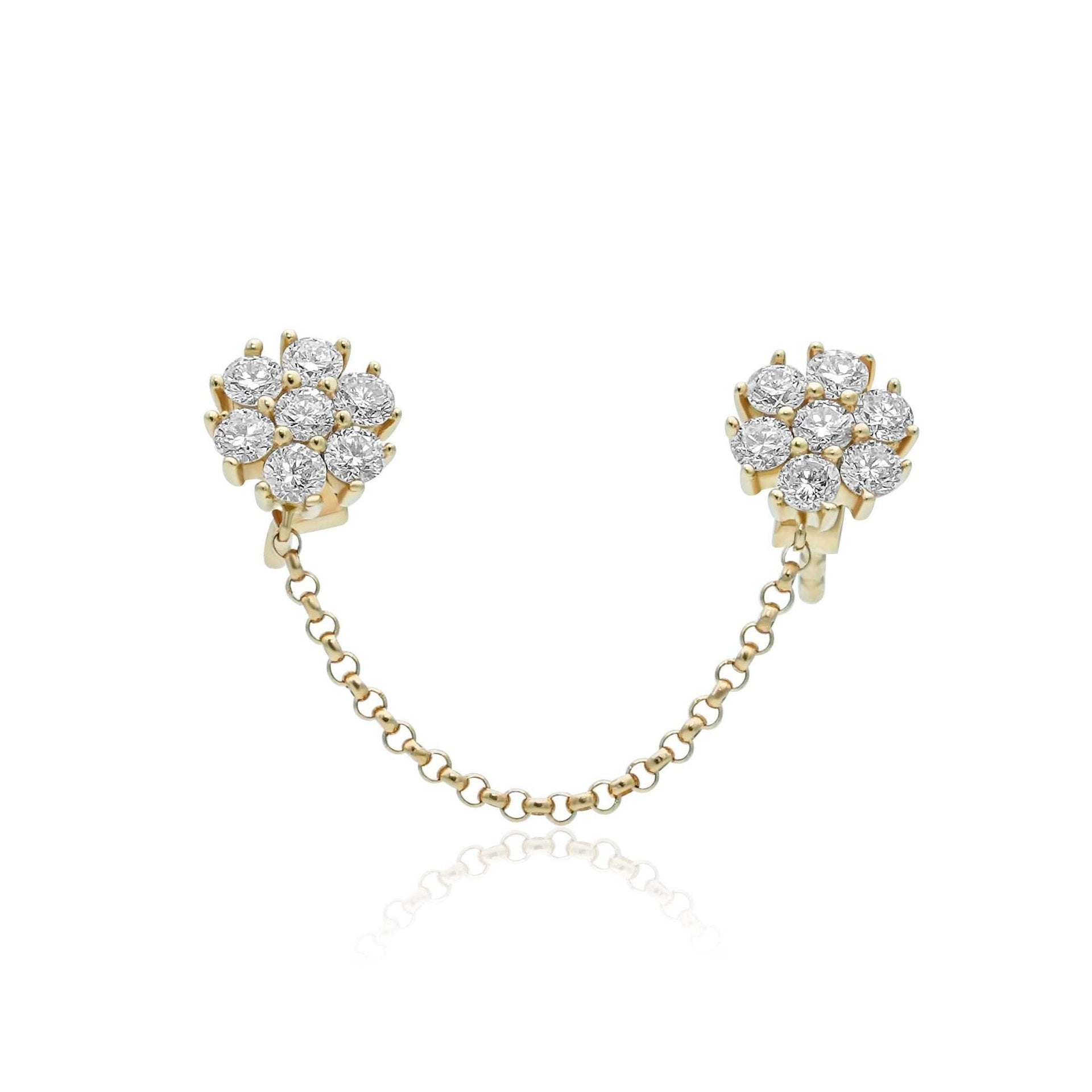 Gold Diamond Flower Chain Connecting Earring
