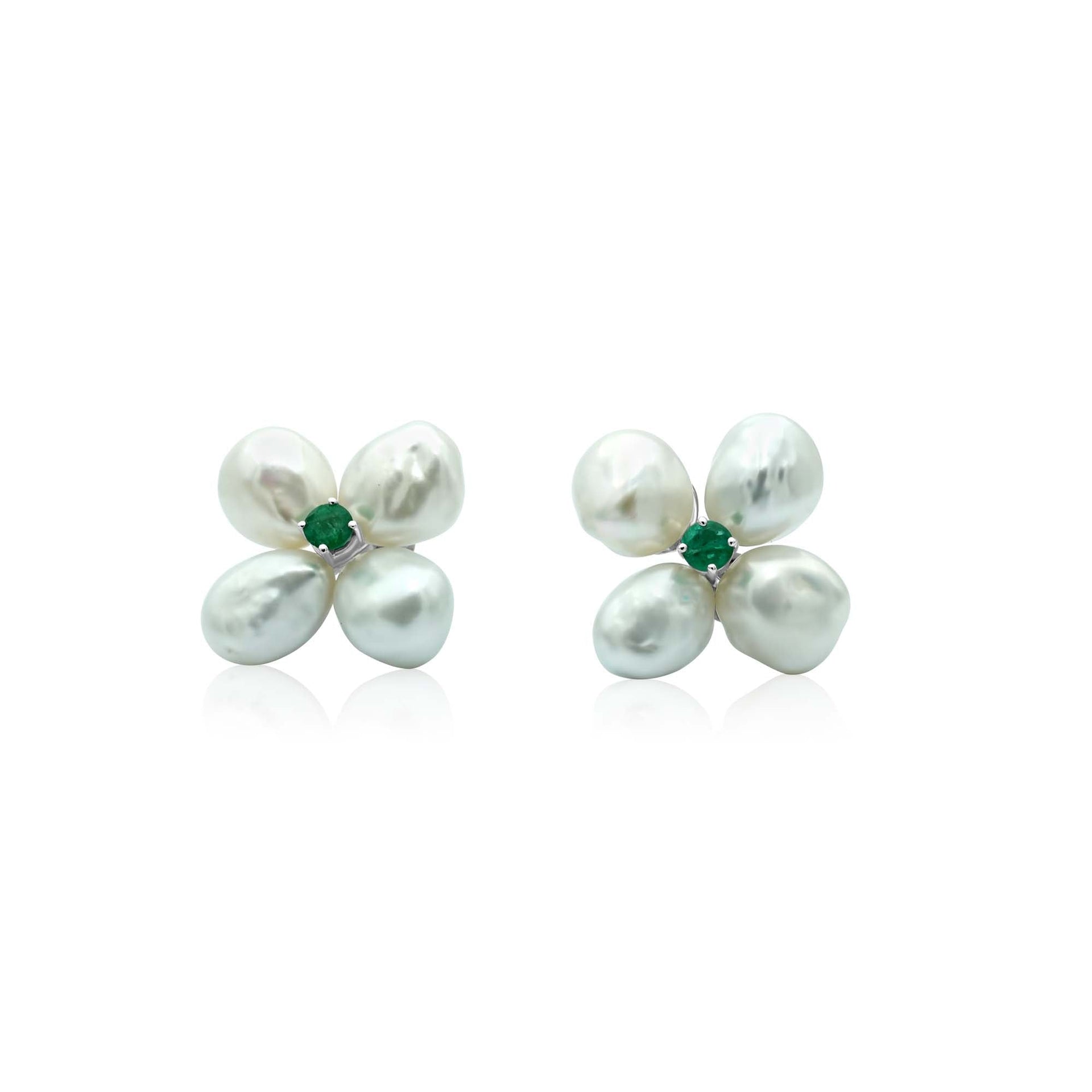 Gold Green Emerald Pearl Flower Earrings