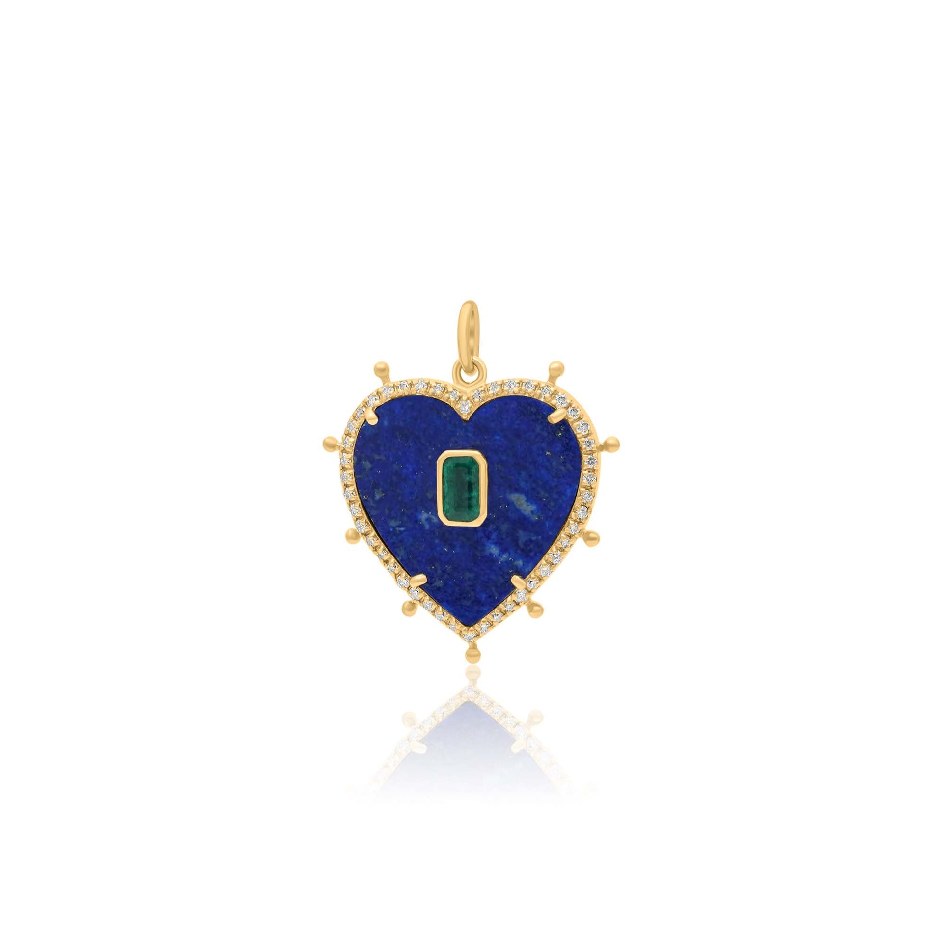 Gold Pave Diamond Emerald Lapis Heart Pendant