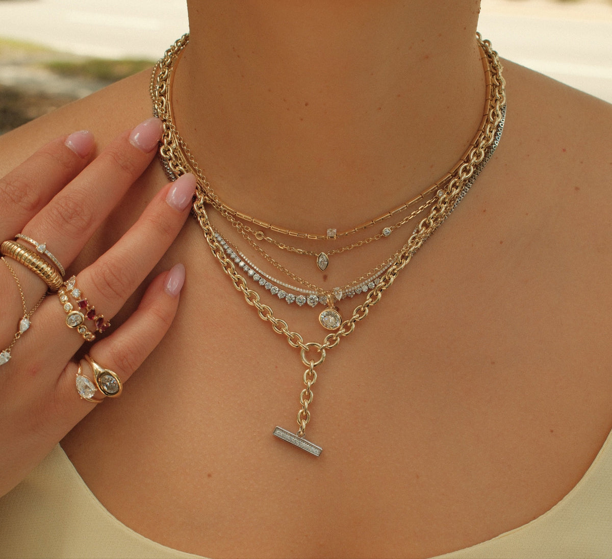 Gold Diamond Round Link Lariat Necklace