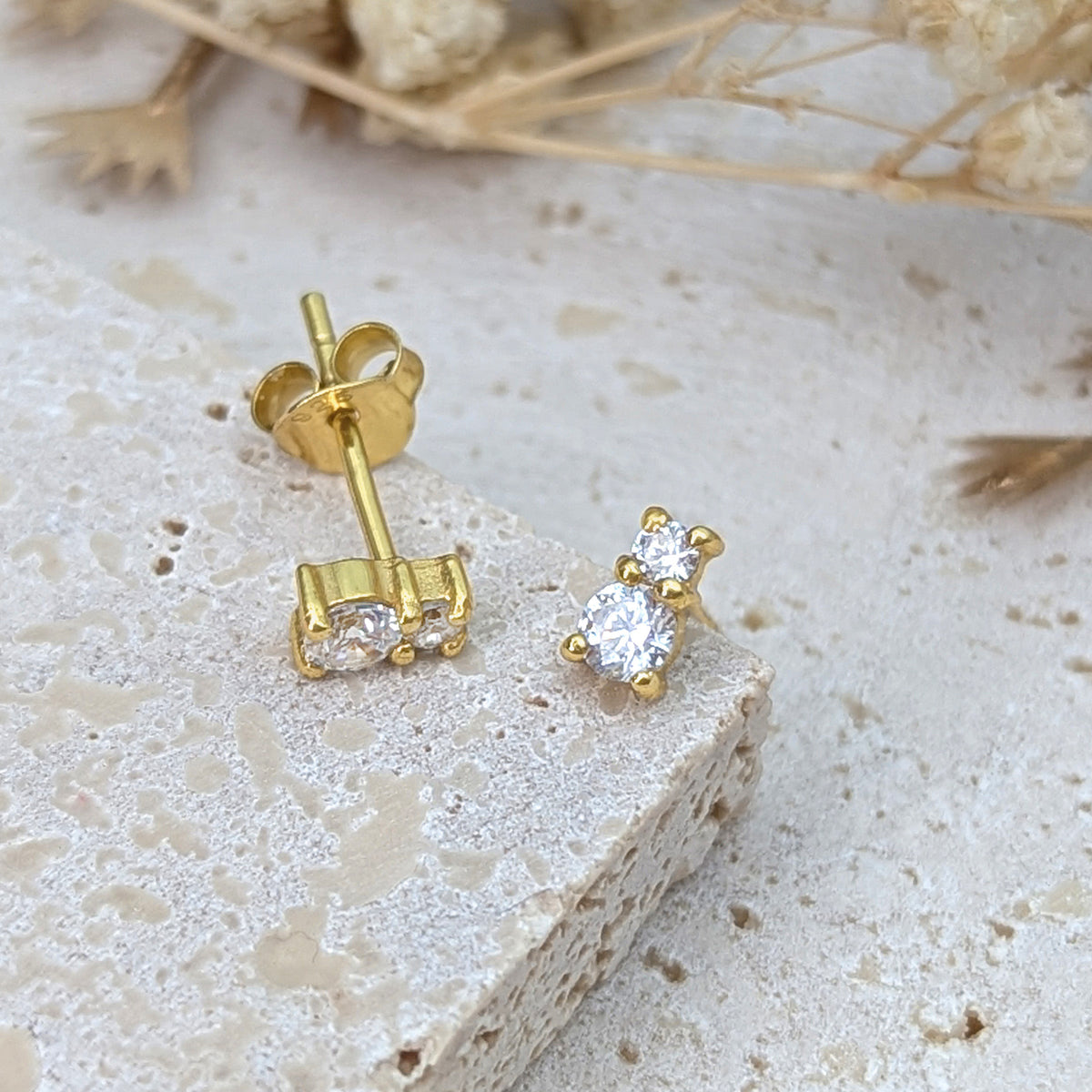 Dainty Two Stone CZ Stud Earrings