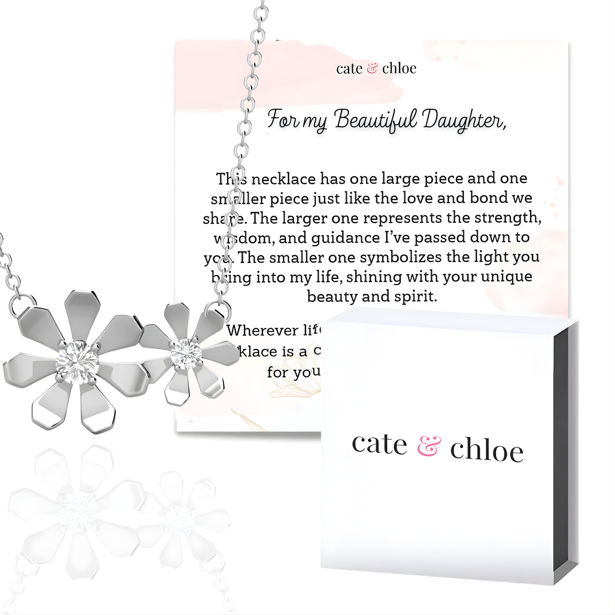 Daisy 18k White Gold Plated Flower Necklace with Swarovski Crystals & Heartfelt Message for Daughter