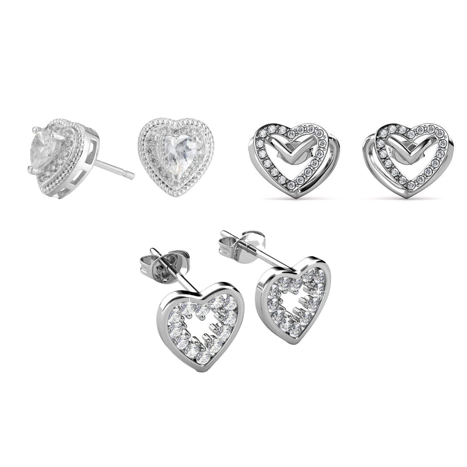 Cate & Chloe Earrings Pack of 3 - Coraline, Ainsley, Cathy 18k White Gold Plated Stud Earrings