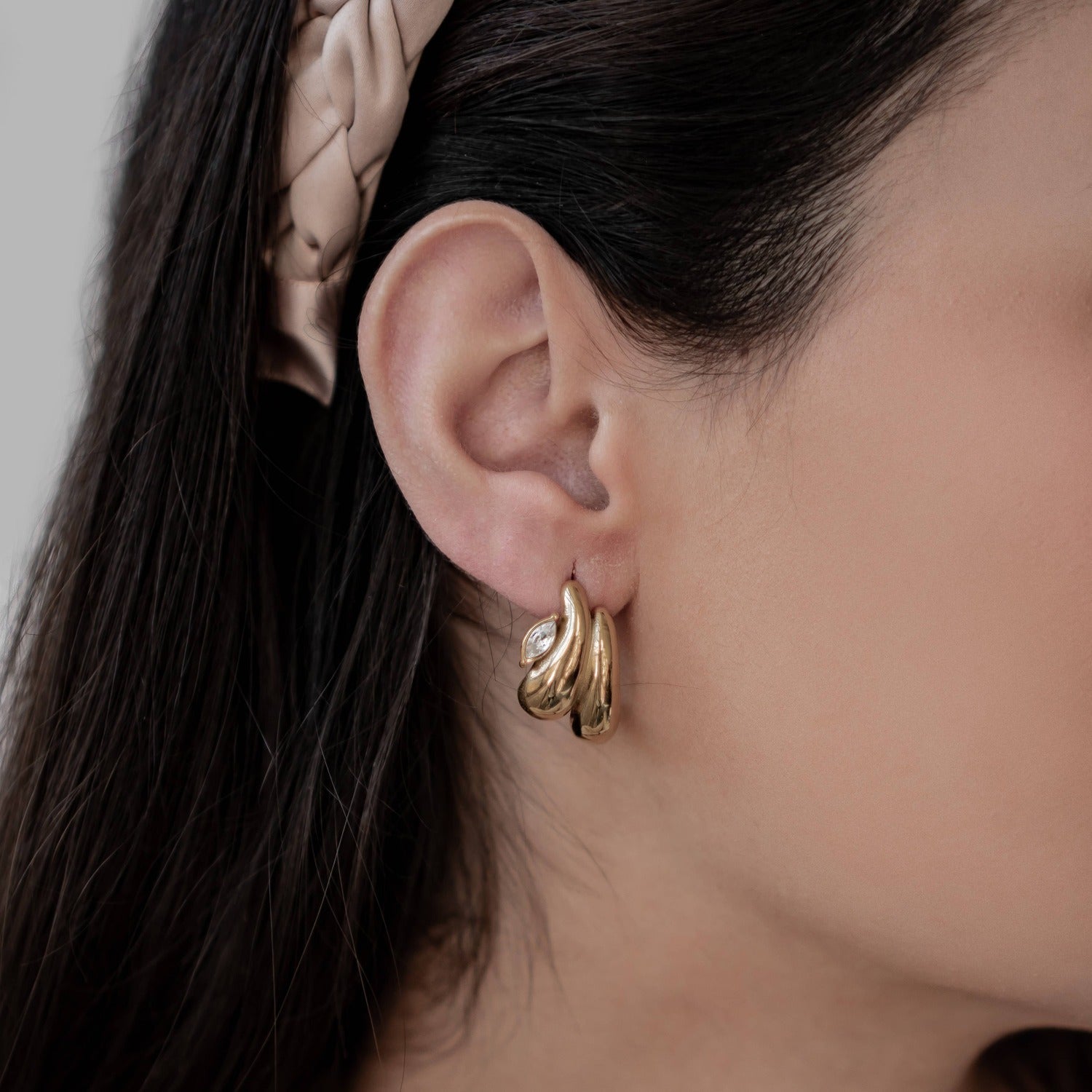 Double Dome Gemstone Hoop Earrings Stainless Steel