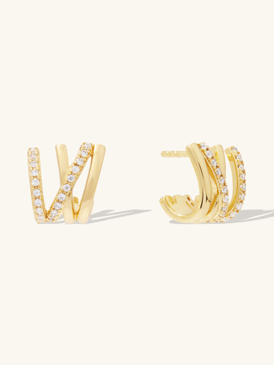 Double Pave V Gold Stud Earrings