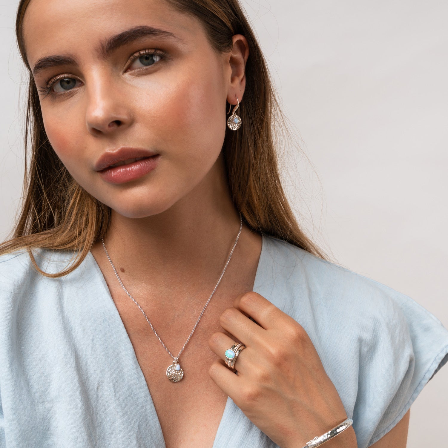 Hammered Disc & Opal Array Drop Earrings