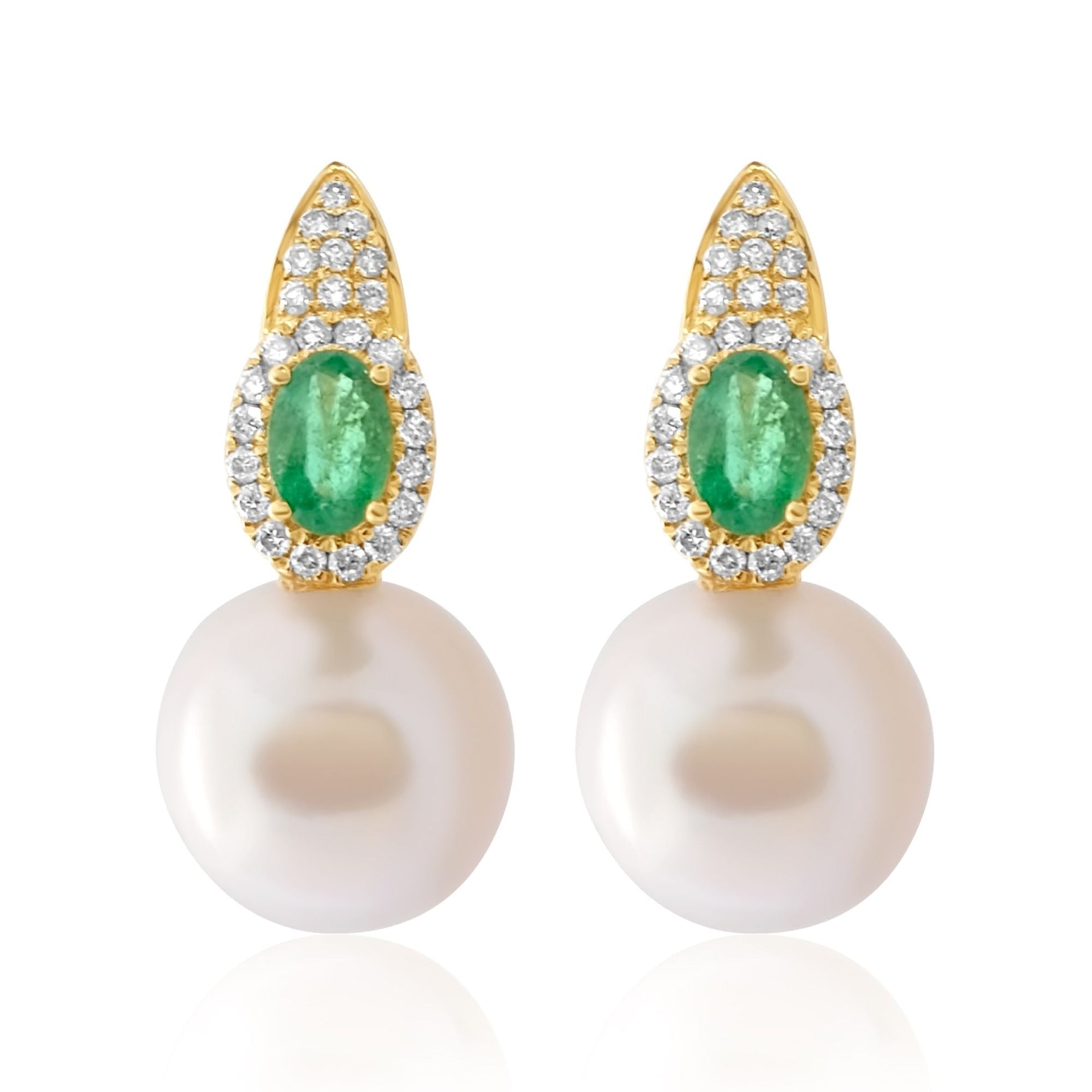 Gold Pave Diamond Emerald Pearl Hoop Earring