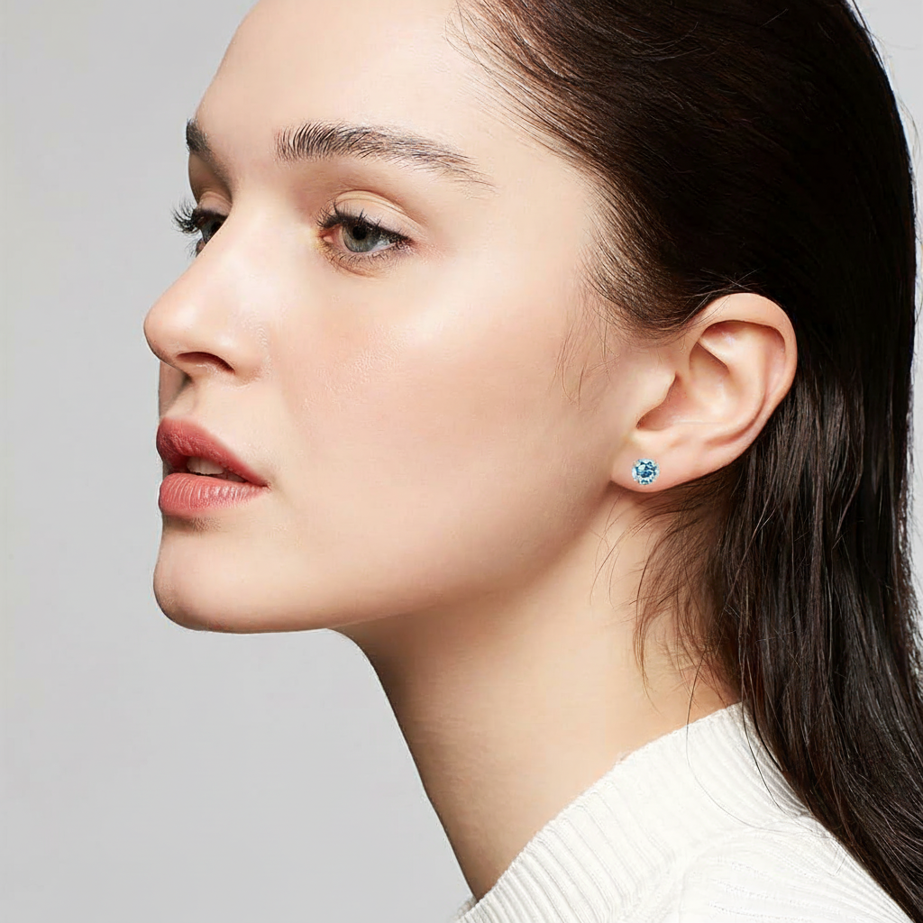 14k Solid Gold Blue Topaz Stud Earrings