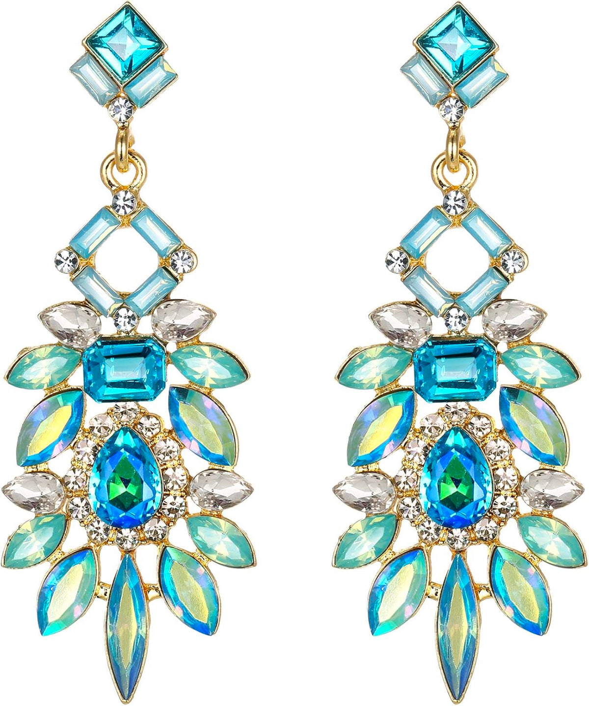 18K Gold Multi Peacock Blue Chandelier Earrings