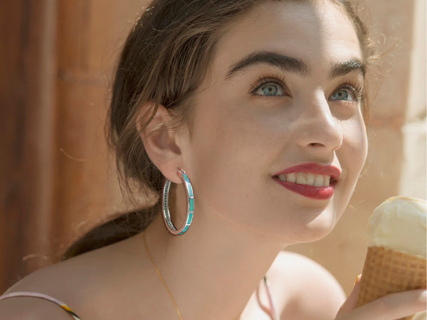 Silver Multi Blue Opal Hoop Earrings