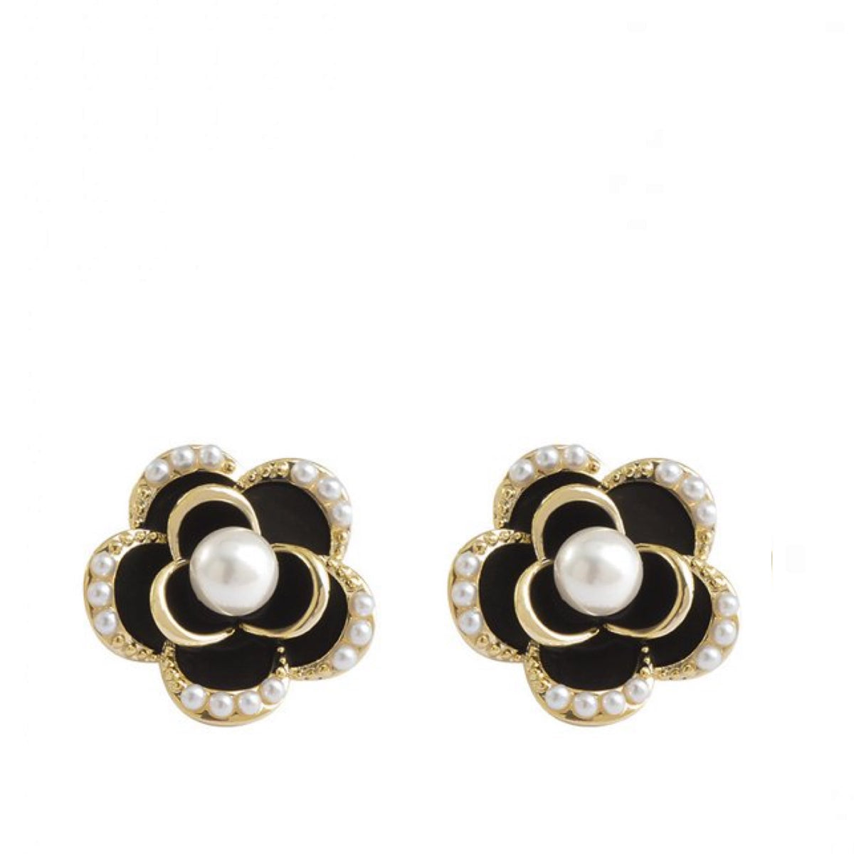 18K Gold White Pearl & Black Enamel Rose Post Earrings