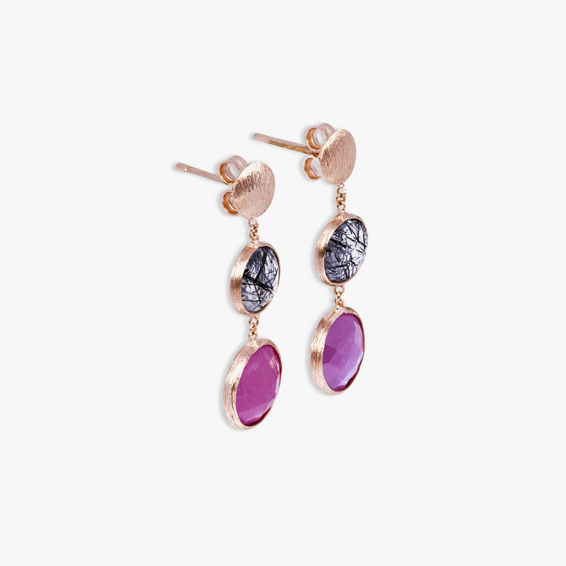 Kensington Drop Earrings In 14K Satin Rose Gold with Black Rutilated Quartz and Ruby Root