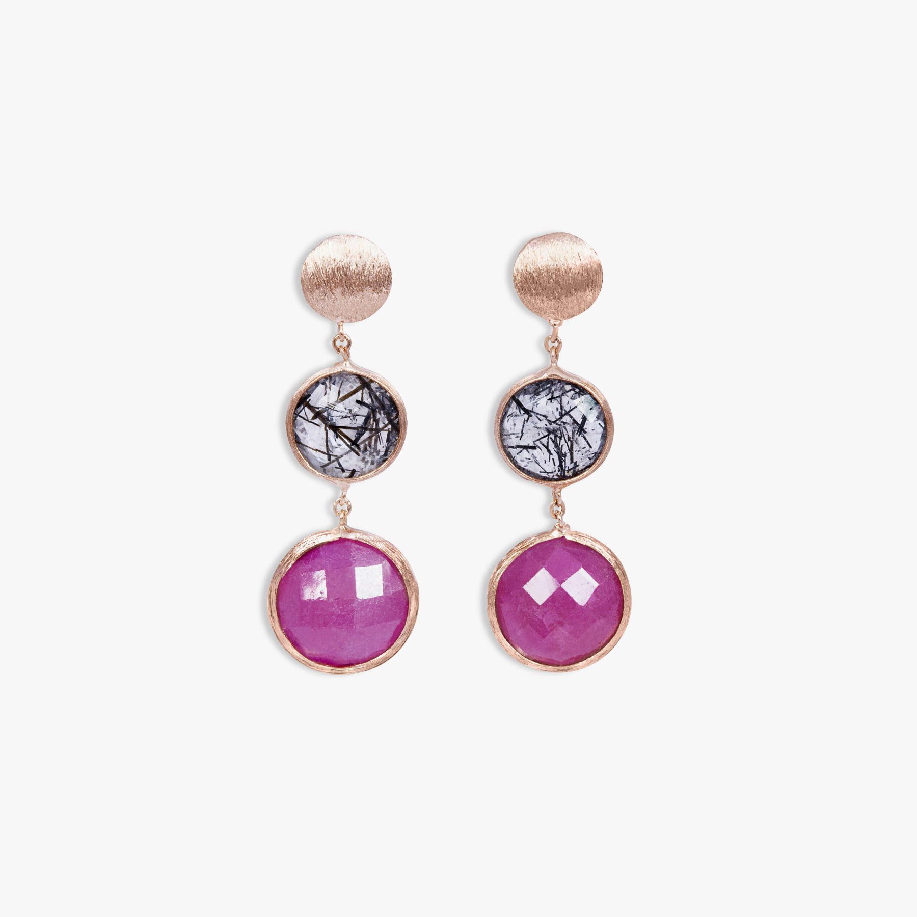 Kensington Drop Earrings In 14K Satin Rose Gold with Black Rutilated Quartz and Ruby Root