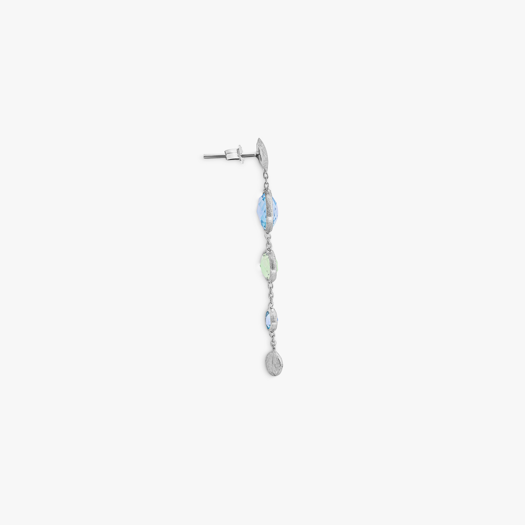 9K satin white gold Kensington long drop earrings with topaz and green amethyst