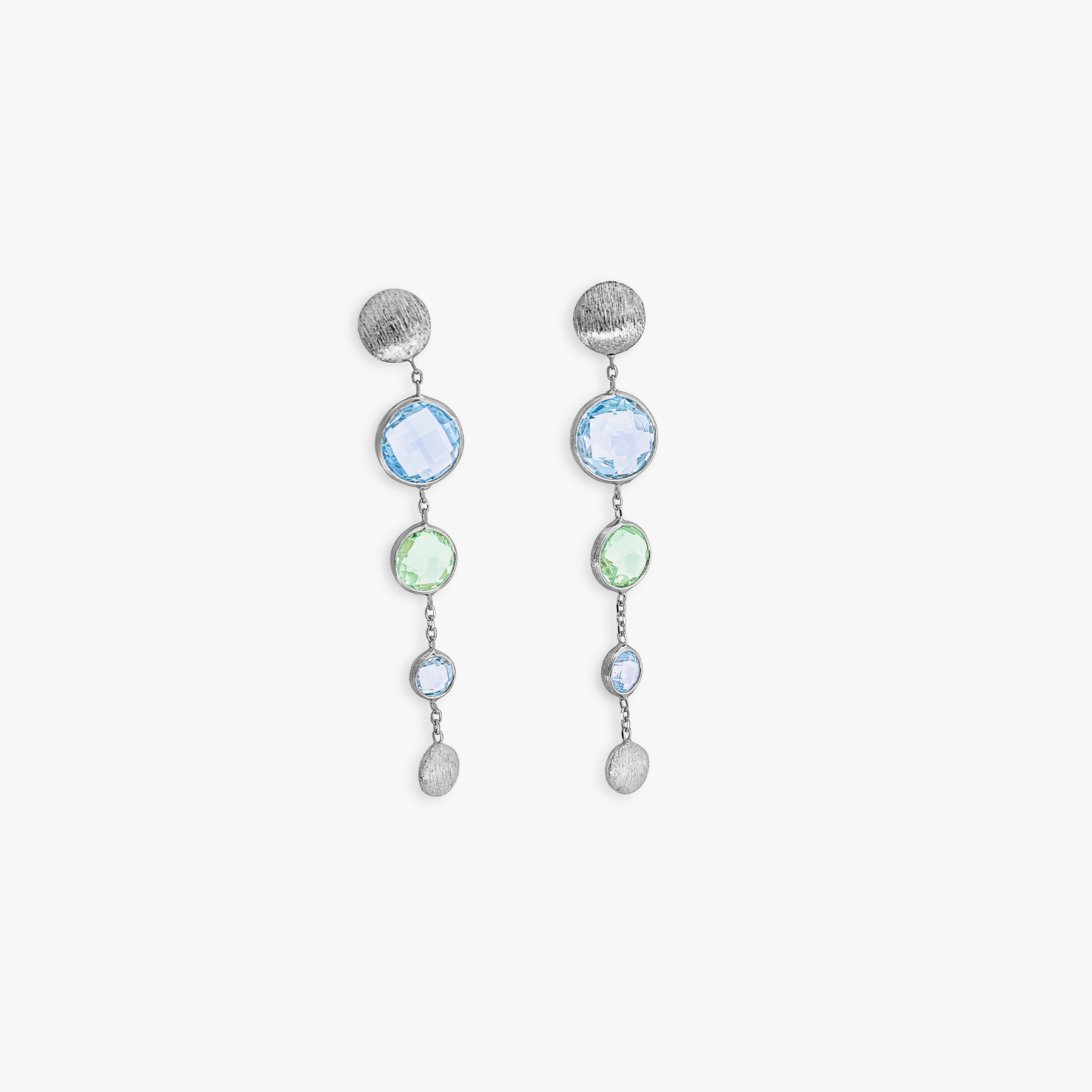 9K satin white gold Kensington long drop earrings with topaz and green amethyst