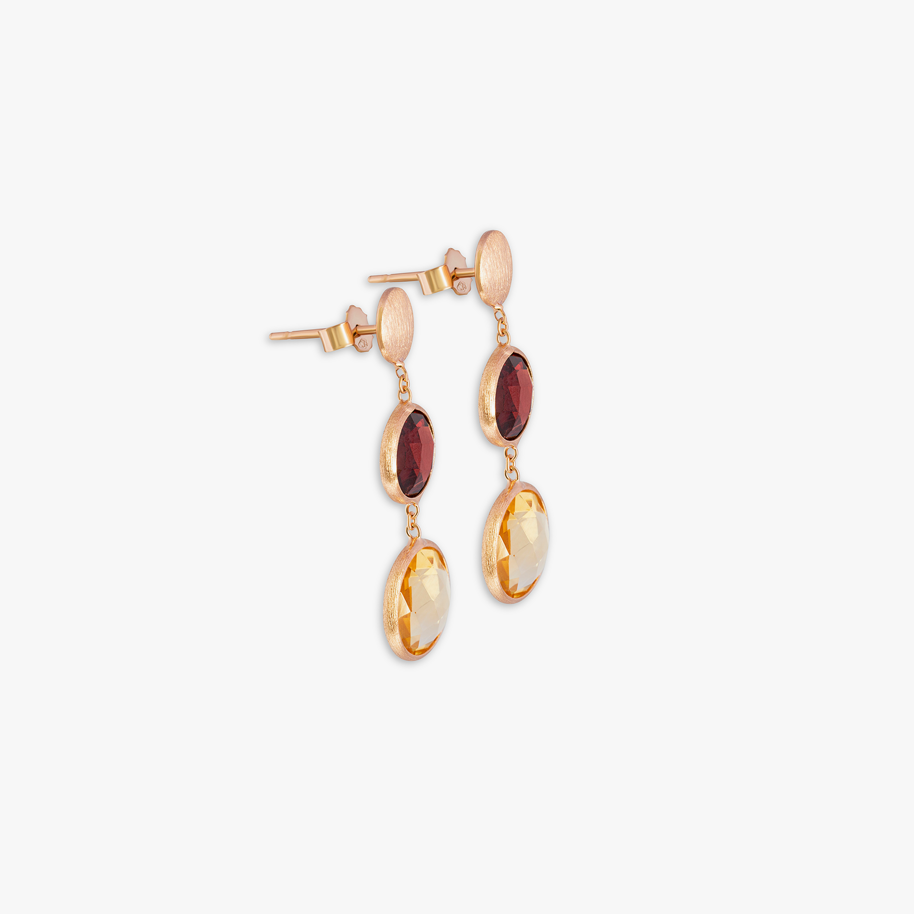Kensington Double Drop Earrings In 14K Satin Rose Gold with Garnet and Citrine