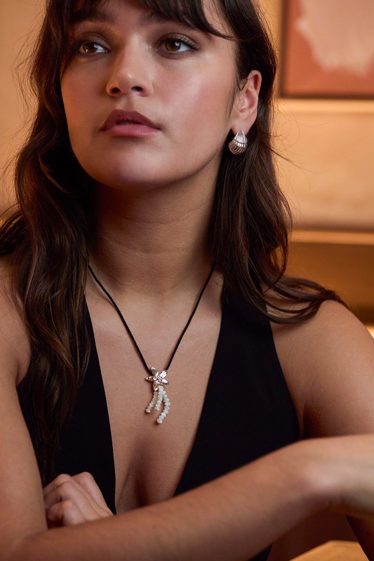 Pearl And Flower Cord Necklace