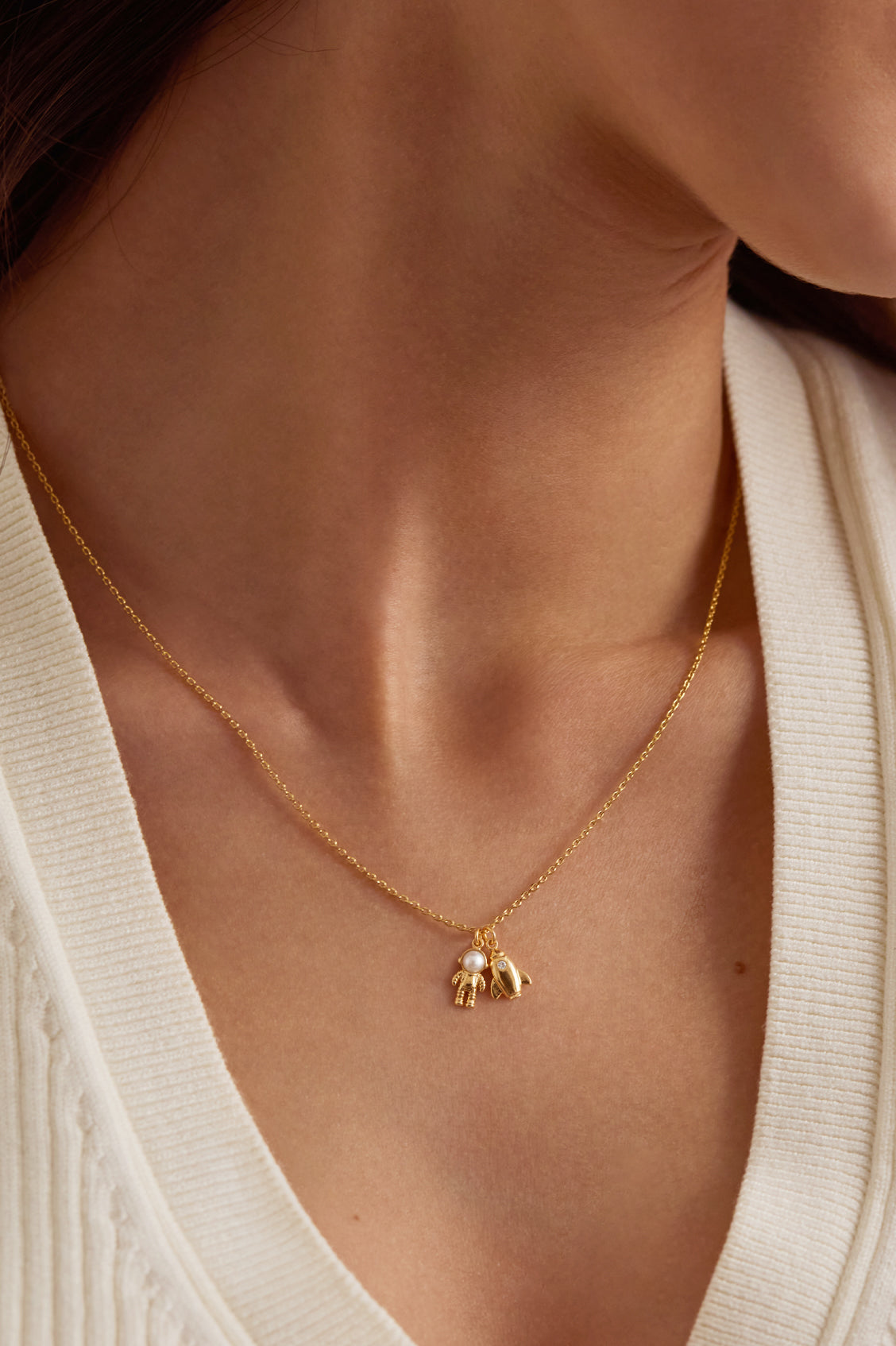 Spaceship and Pearl Astronaut Charm Necklace