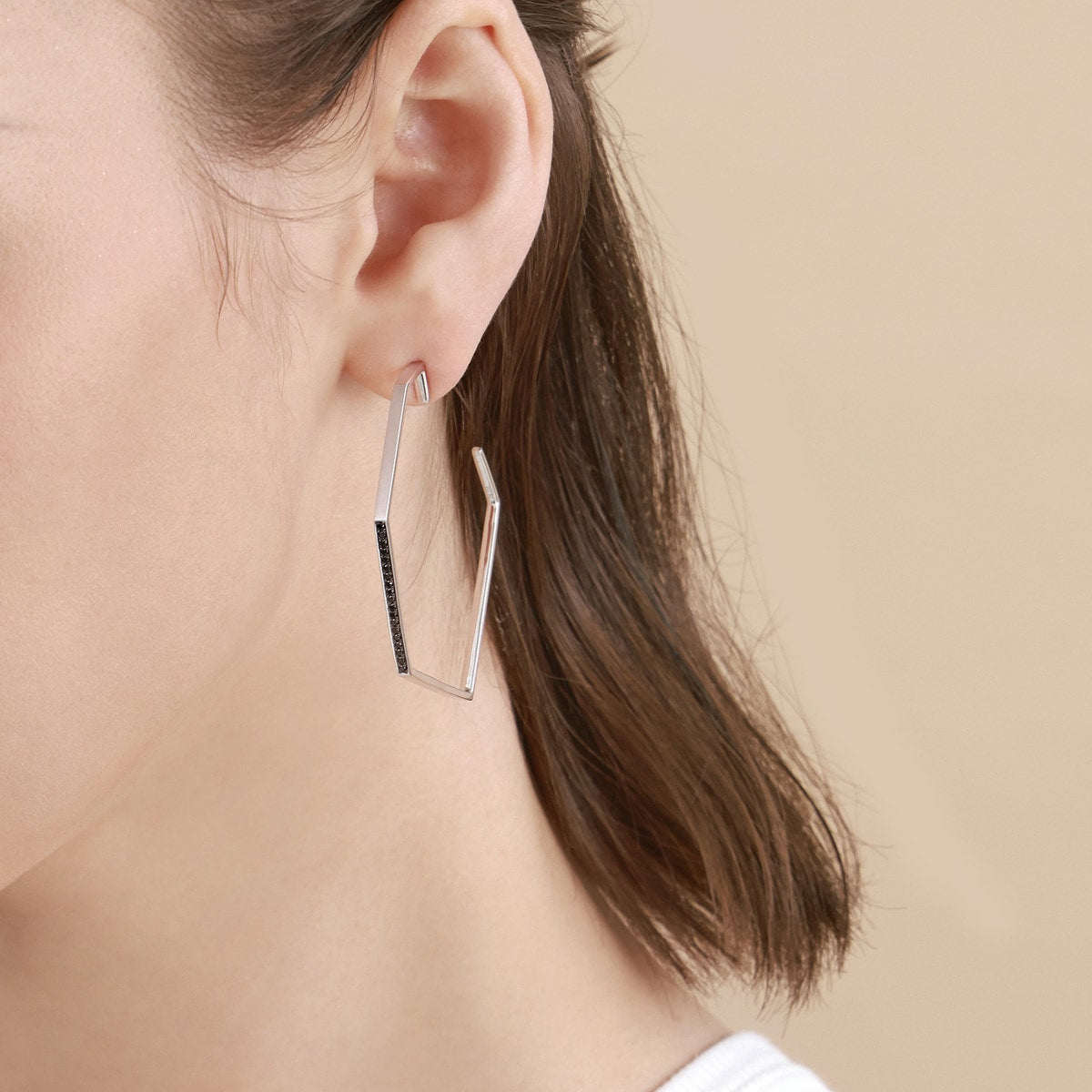 M'18K White & Black Gold Black Diamond Single Left Hoop Earring